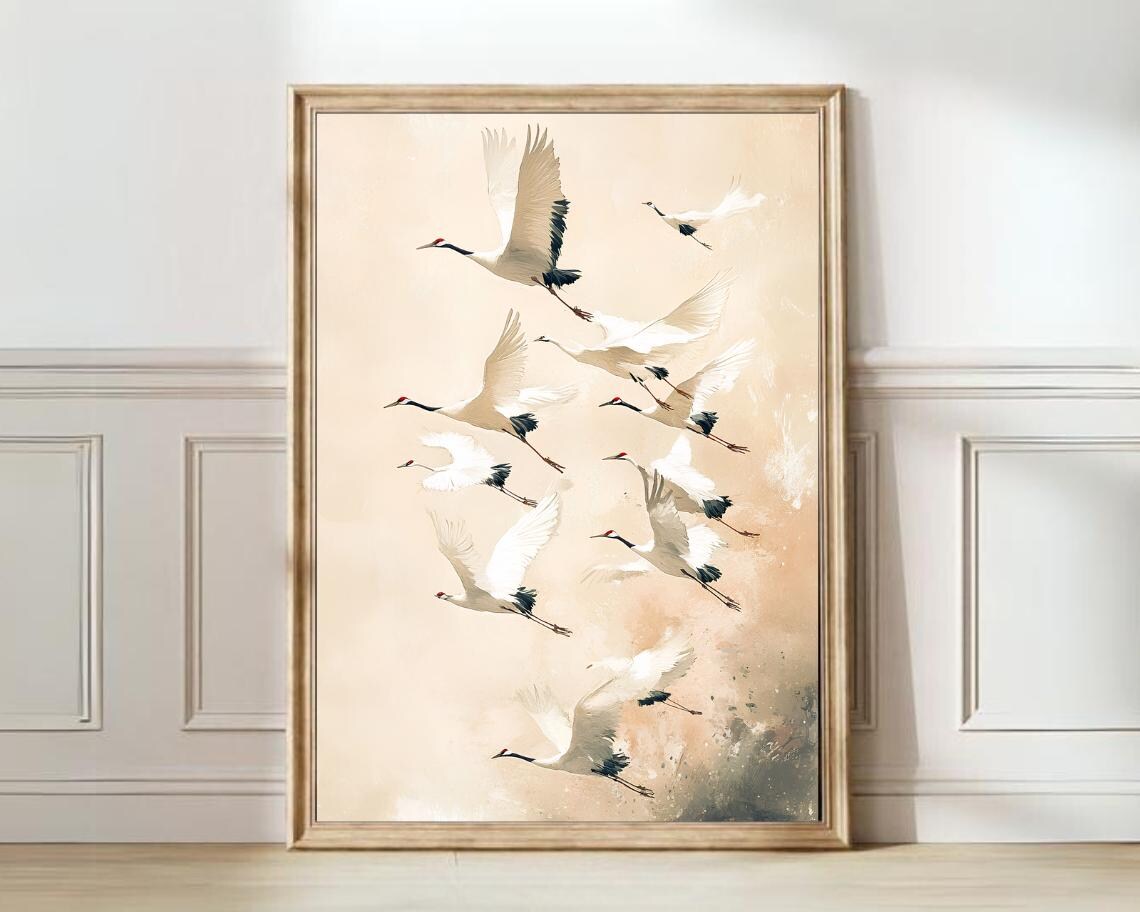 Japanese Cranes In Flight Pastel Beige Watercolor Birds Art Poster