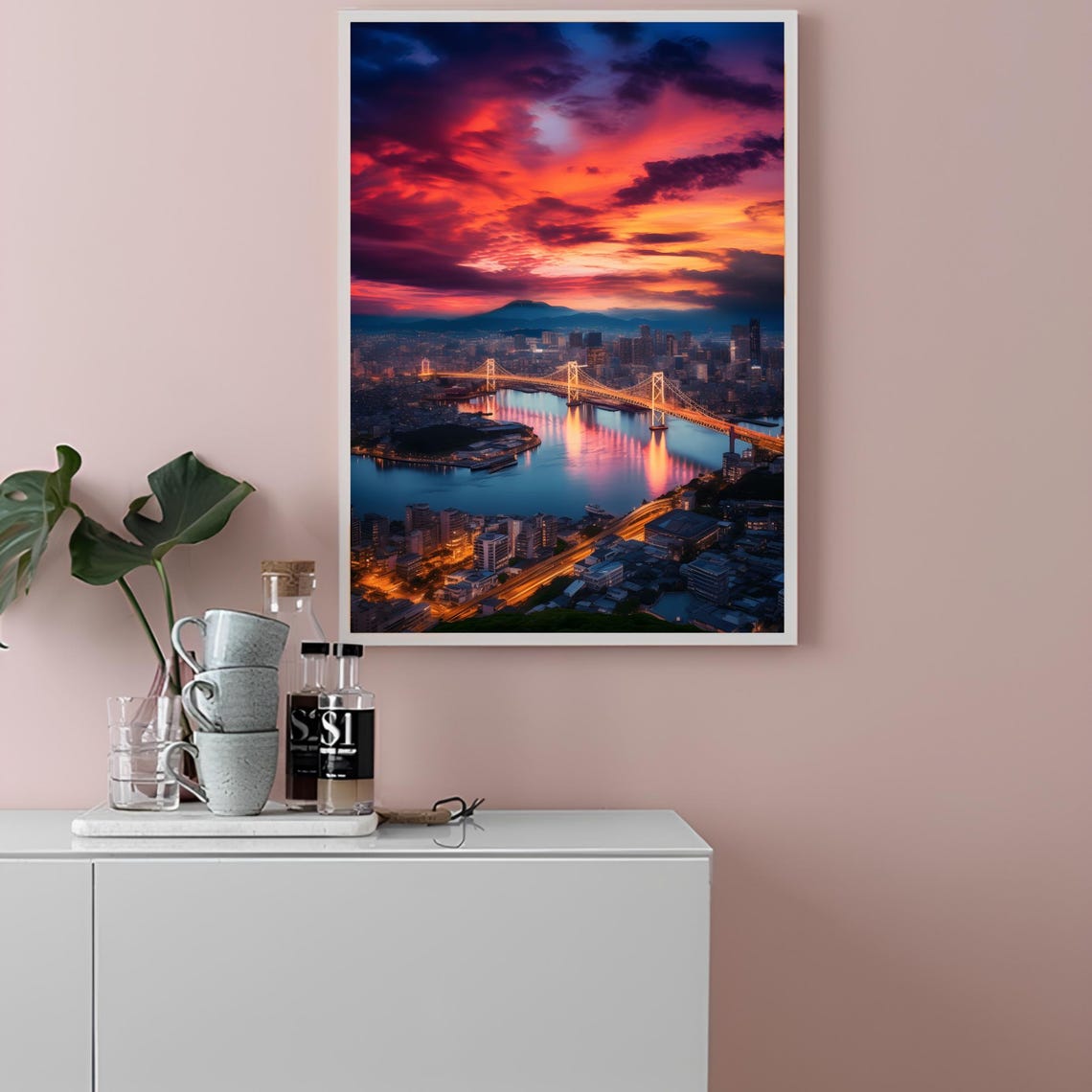 Osaka Japan Illuminated Harbor Bridge Sunset Skyline Travel Art Poster - Image 2