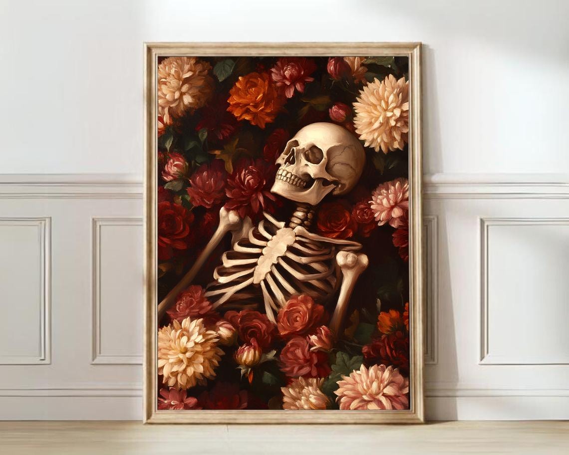 Skeleton Among Red And Cream Roses Vintage Floral Halloween Poster