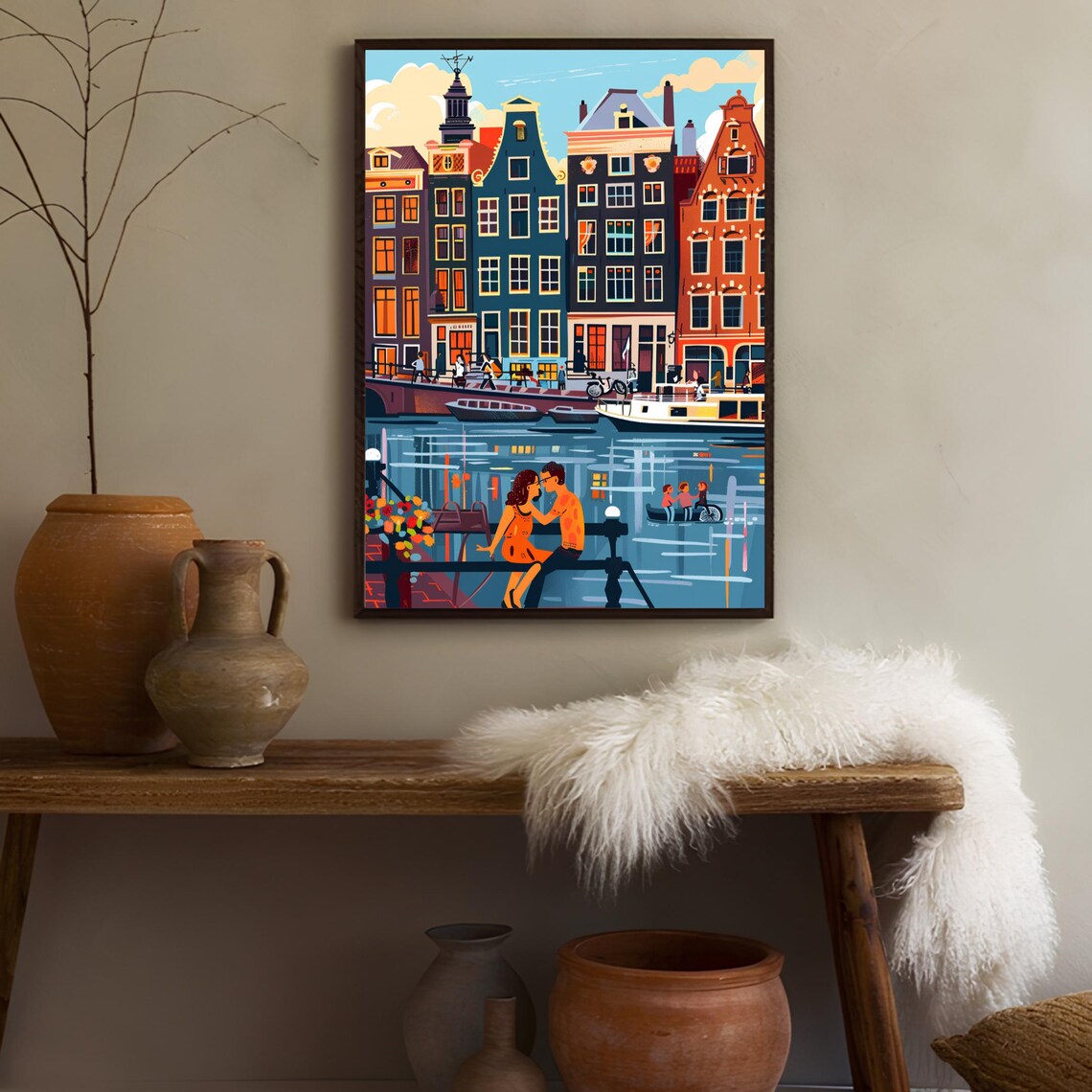 Amsterdam Netherlands Canal Houses at Dusk with Couple View Poster - Image 2