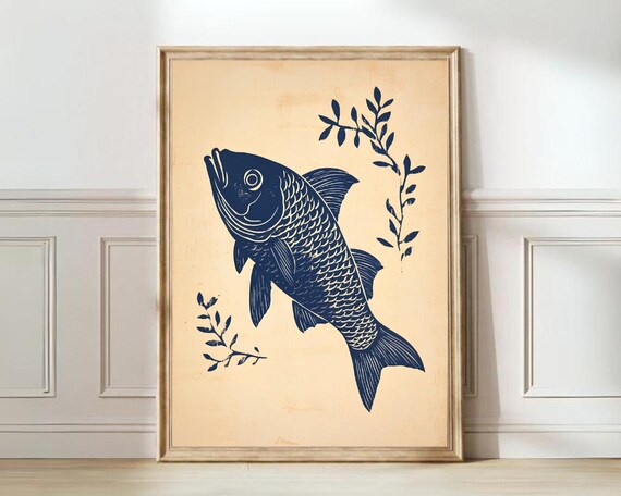 Rainbow Fish Print Linocut Vintage Poster Retro Rainbow Fish Wall Art Eclectic Wall Art Colorful Kitchen Art Herring Mackerel Print Sardine