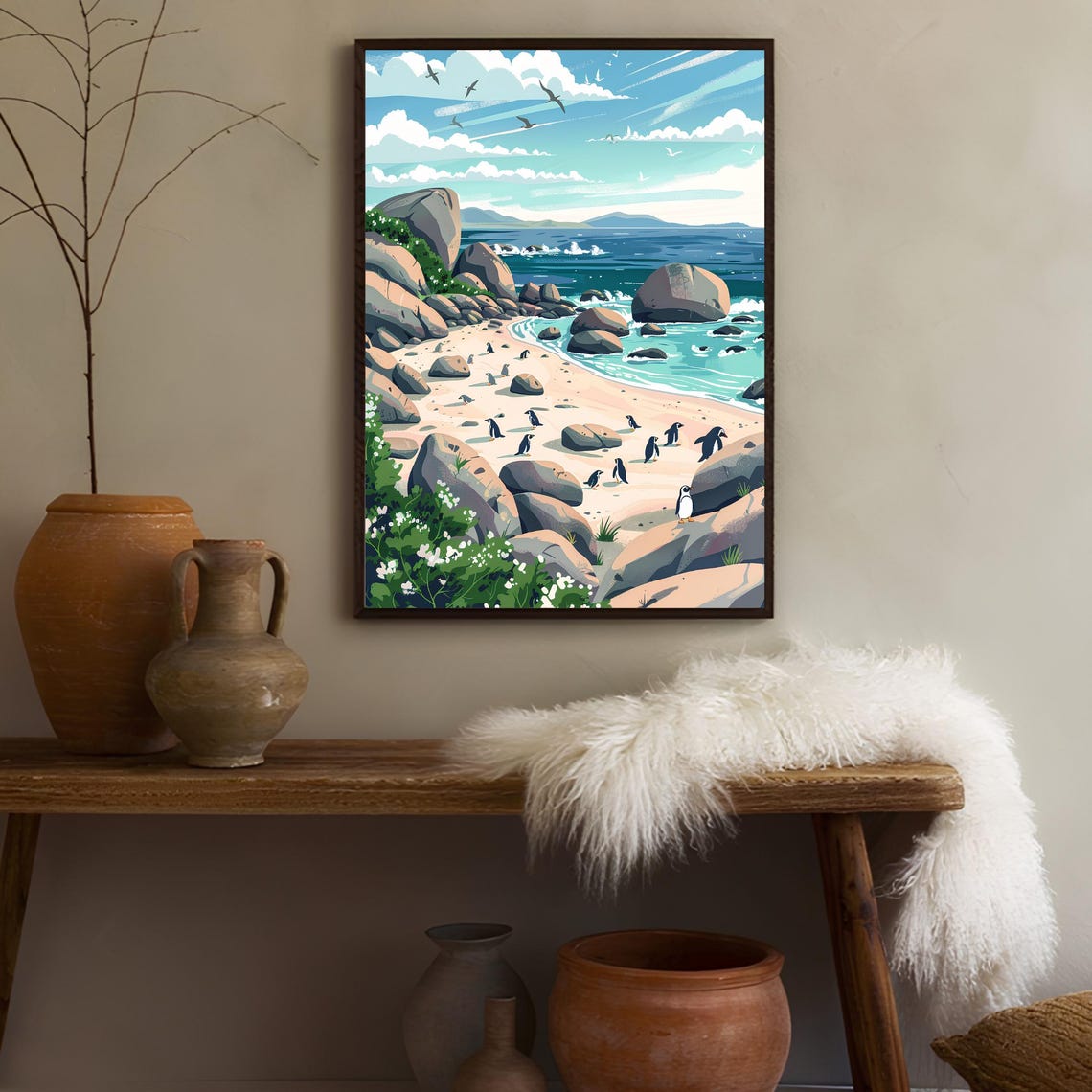 South Africa Print South Africa Illustration Boulders Beach Print Penguin Print South Africa Travel Poster South Africa Gift Baby Penguins - Image 2