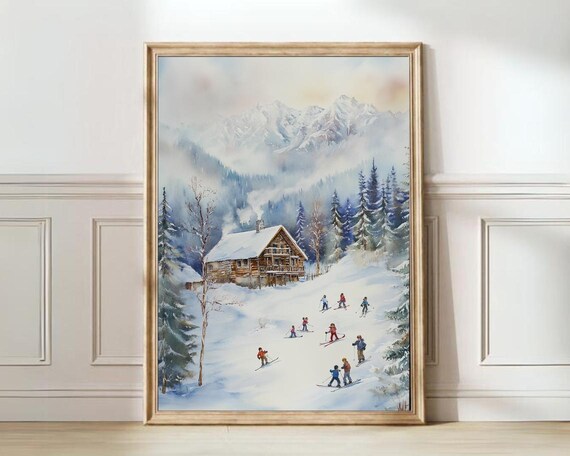Winter Lodge Watercolor Skiers Snowy Pines Rustic Art Poster