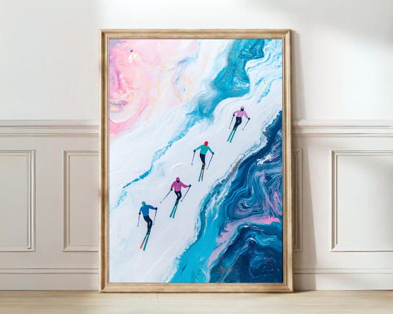 Ski Poster Ski Print Ski Illustration Skiing Print Skiers Painting Snow Painting Snow Print Winter Print Winter Wall Art Ski Gift