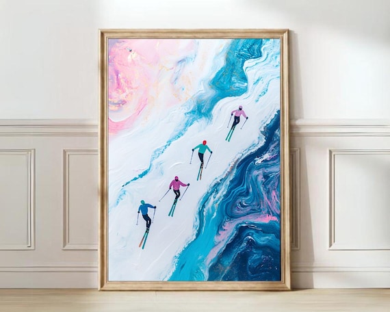 Skiers Marble Blue Pink Slope Modern Winter Sports Art Poster