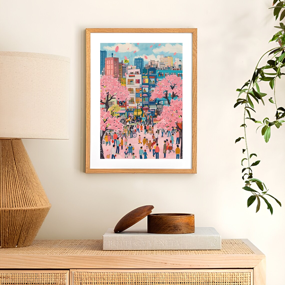 Tokyo Cherry Blossom Street Scene Colorful City Illustration Poster - Image 2