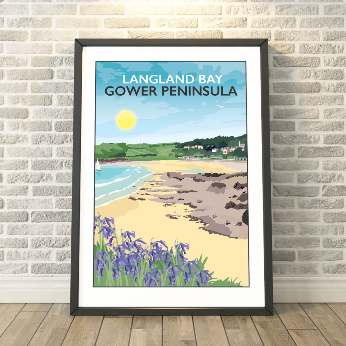 Langland Bay Gower Peninsula Beach Bluebells Retro Travel Poster