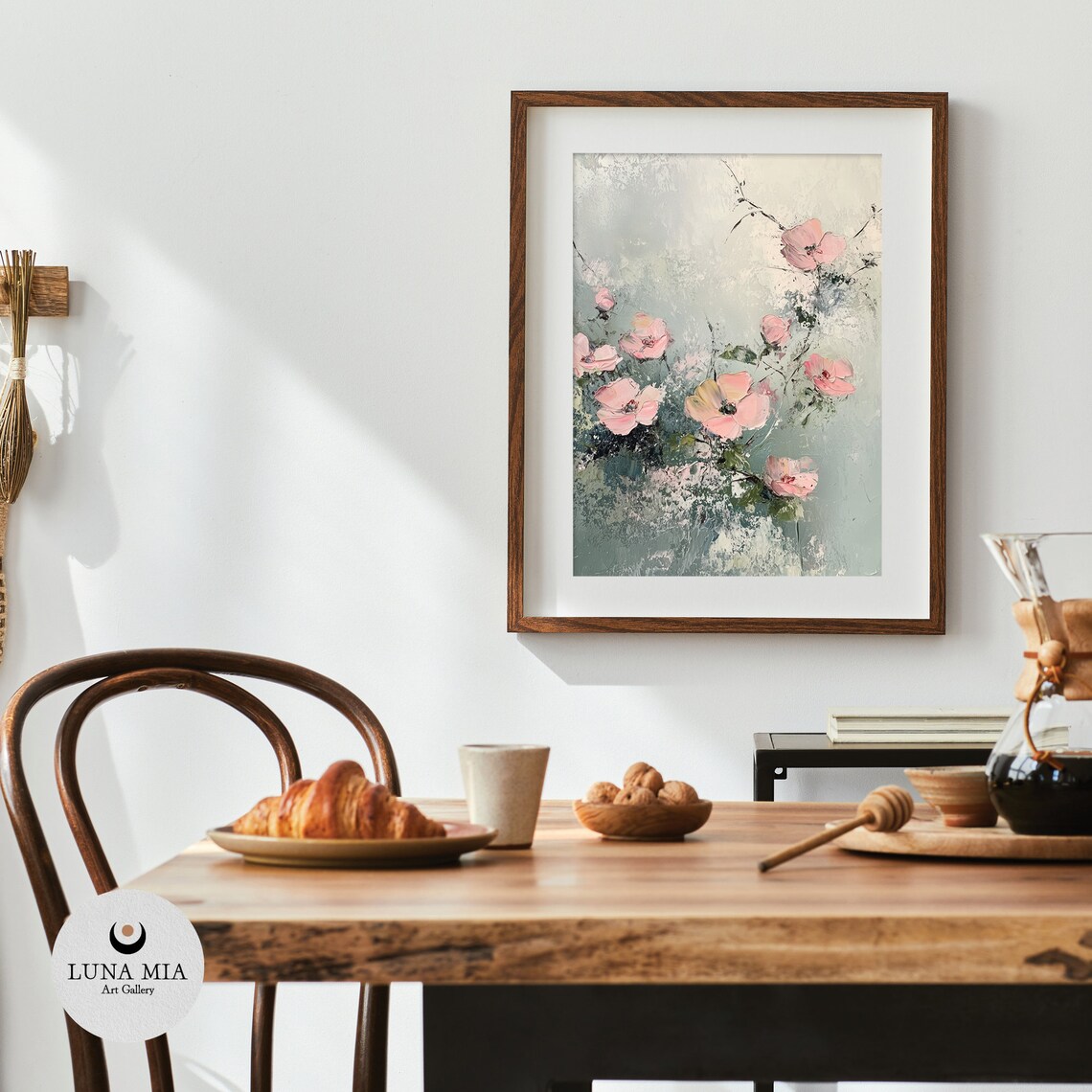 Pink Blossom Branches Sage Green Textured Oil Painting Art Poster - Image 4