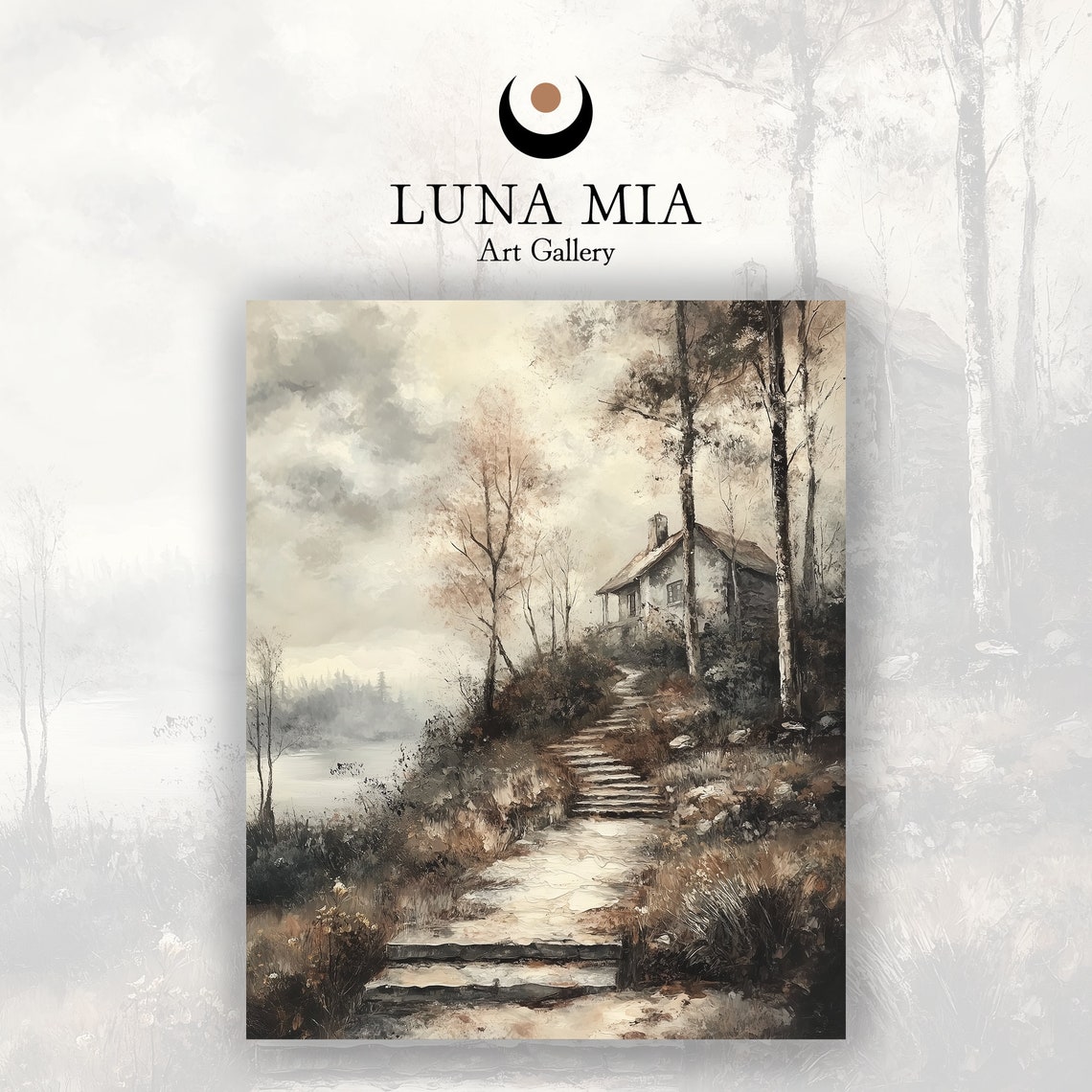 Quiet Sepia Cottage by Misty Lake With Stone Steps Art Poster - Image 2