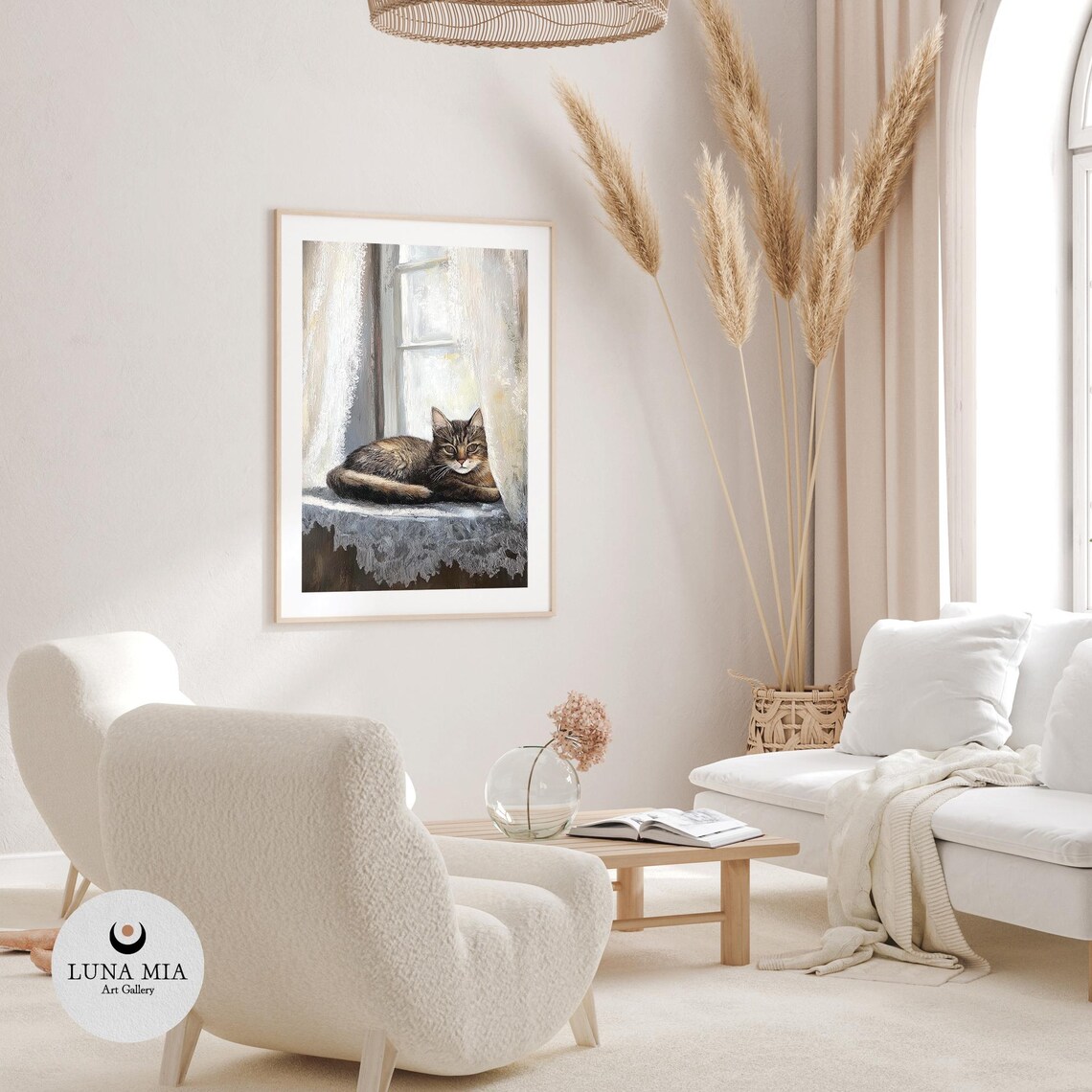 Tabby Cat Lounging On Sunny Windowsill Lace Curtains Painting Poster - Image 3
