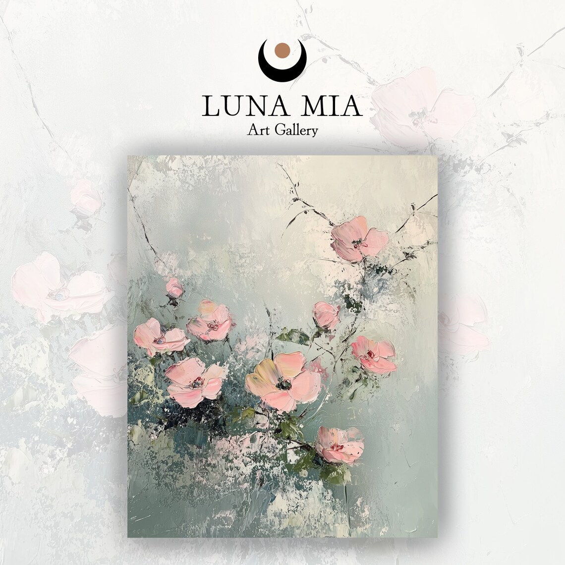 Pink Blossom Branches Sage Green Textured Oil Painting Art Poster - Image 2