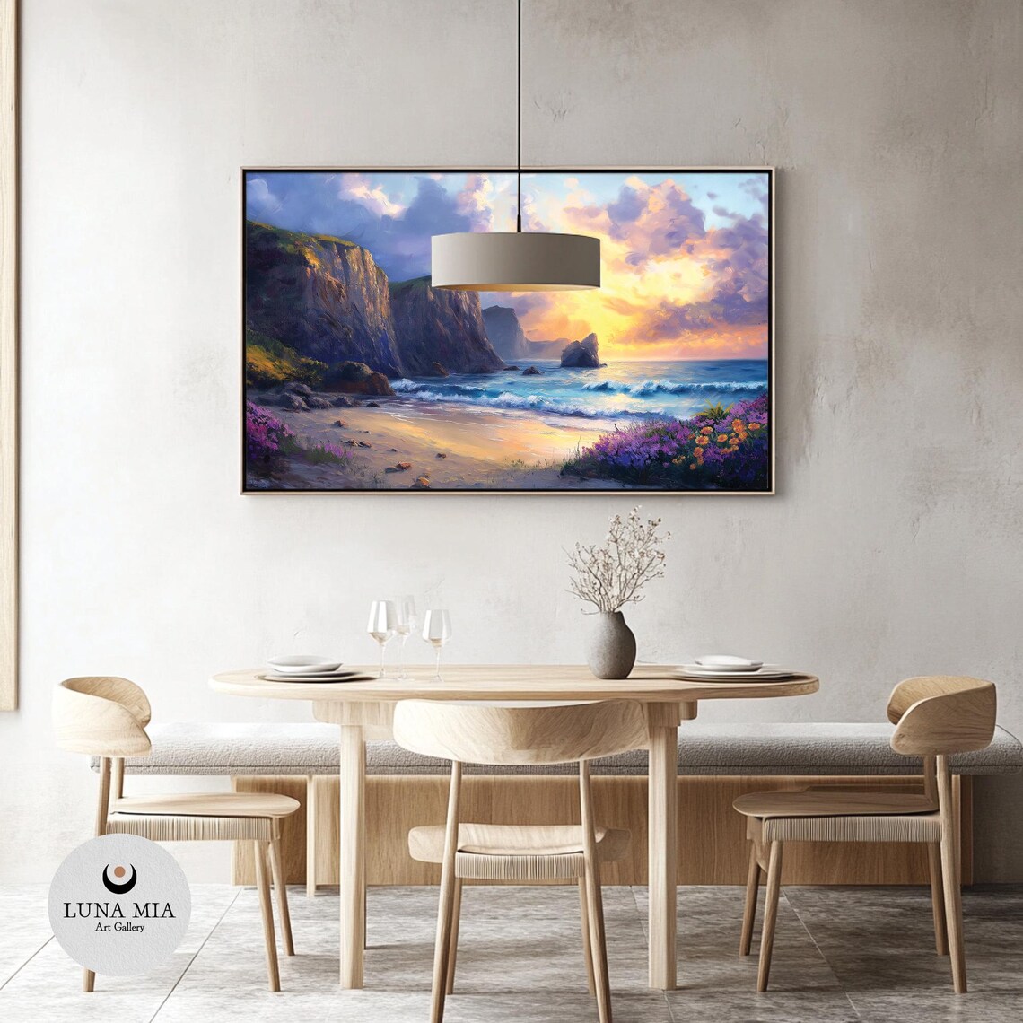 Sunset Beach Cliffs With Wildflowers Golden Waves Dramatic Coast Poster - Image 3