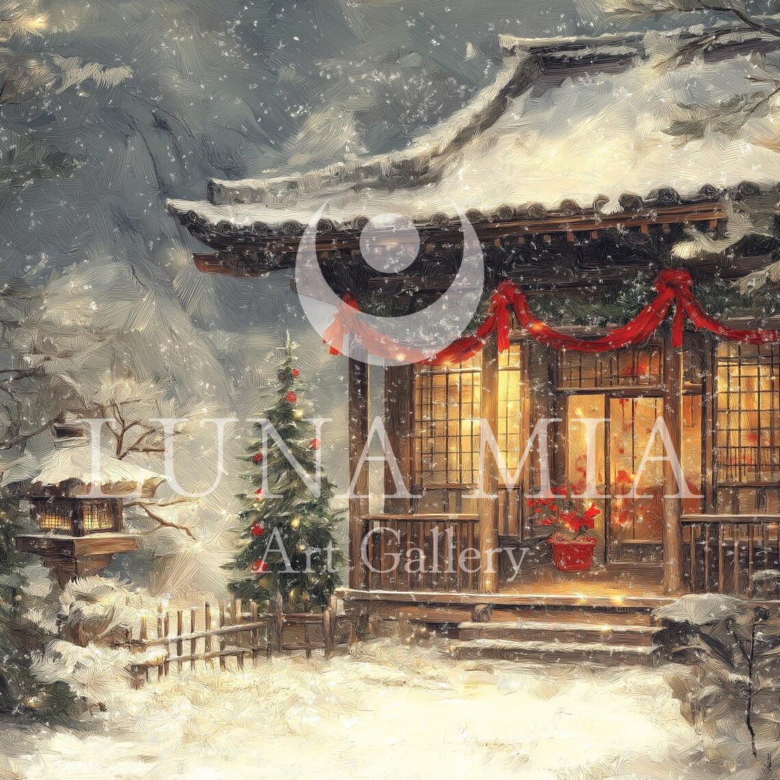 Japanese Tea House Winter Christmas Snowfall Oil Painting Poster - Image 5