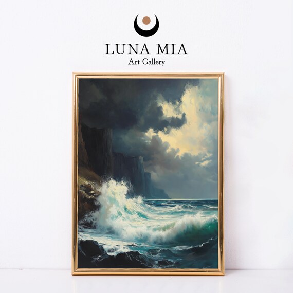 Stormy Sea Waves Crashing On Rocky Cliffs Dramatic Oil Painting Poster