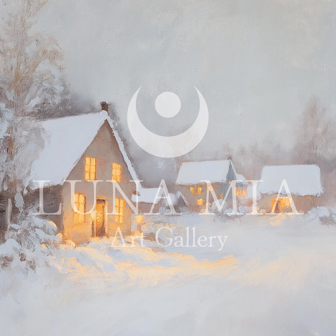 Snow Covered Village Glowing Windows Winter Oil Painting Poster - Image 5