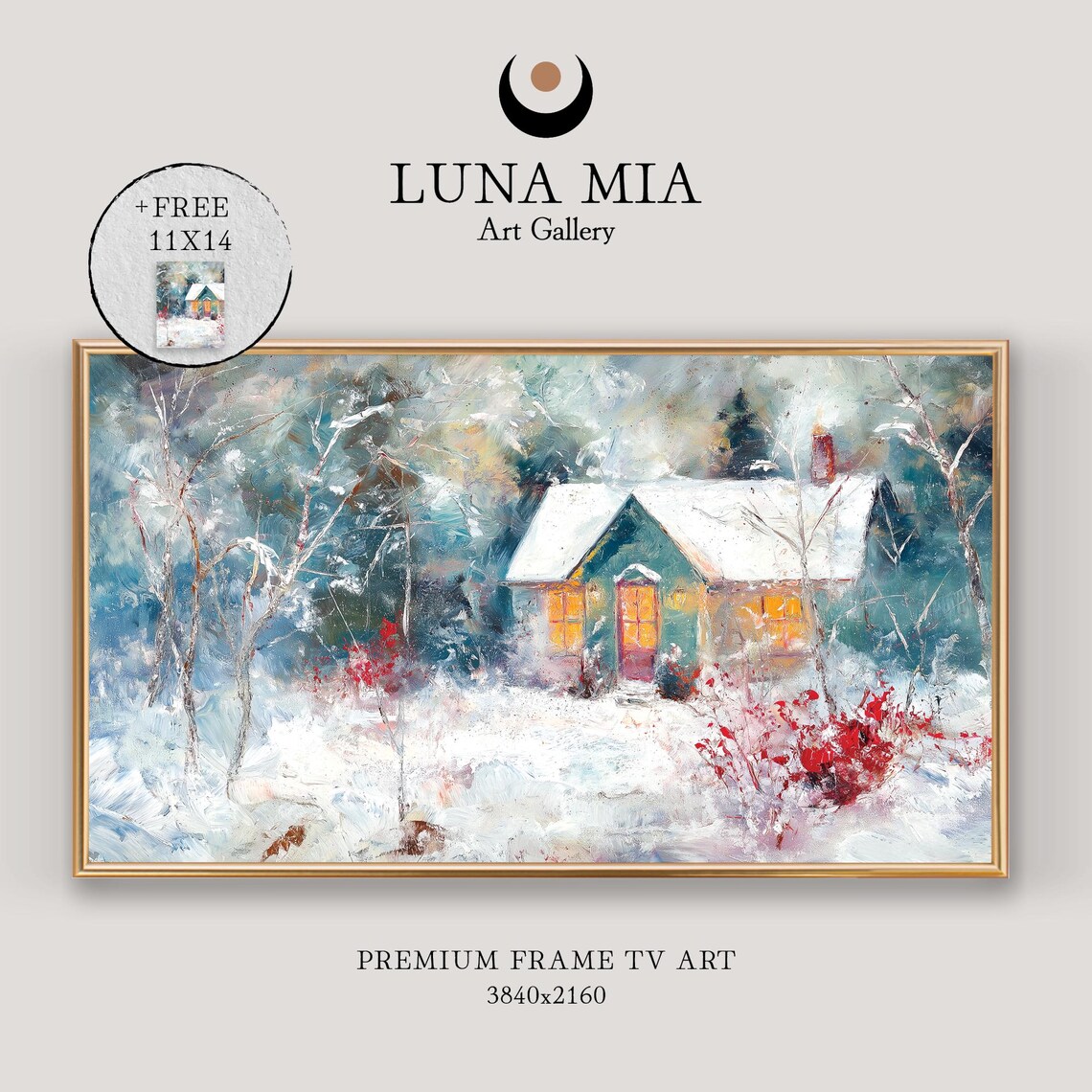 Cozy Snowy Cabin With Glowing Windows In A Winter Snowstorm Scene Poster