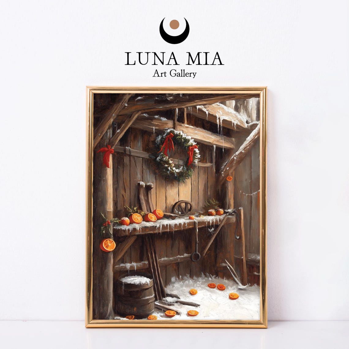 Rustic Christmas Barn Wreath With Dried Oranges Oil Painting Poster