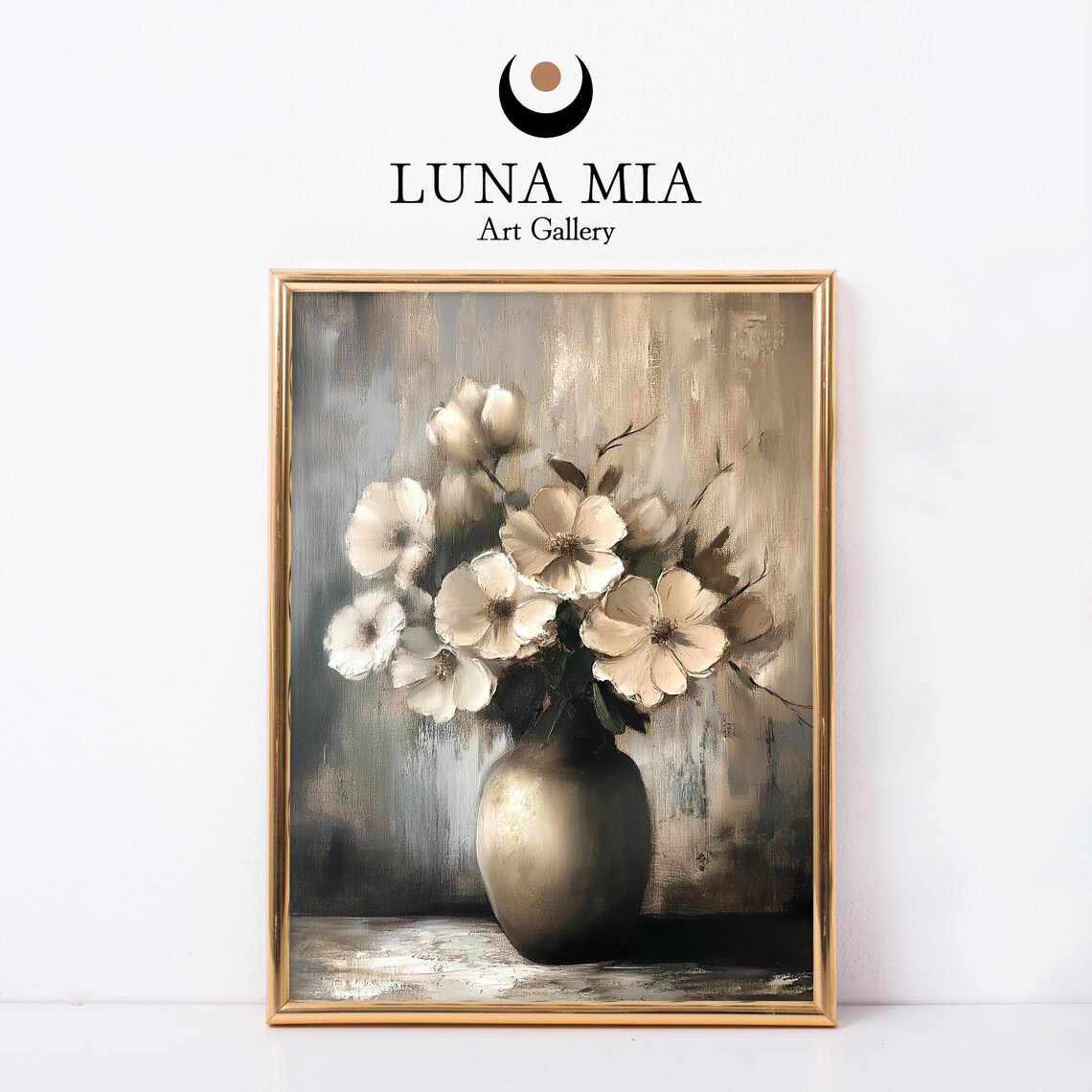 Elegant Cream White Flowers In Vase Moody Neutral Oil Painting Poster