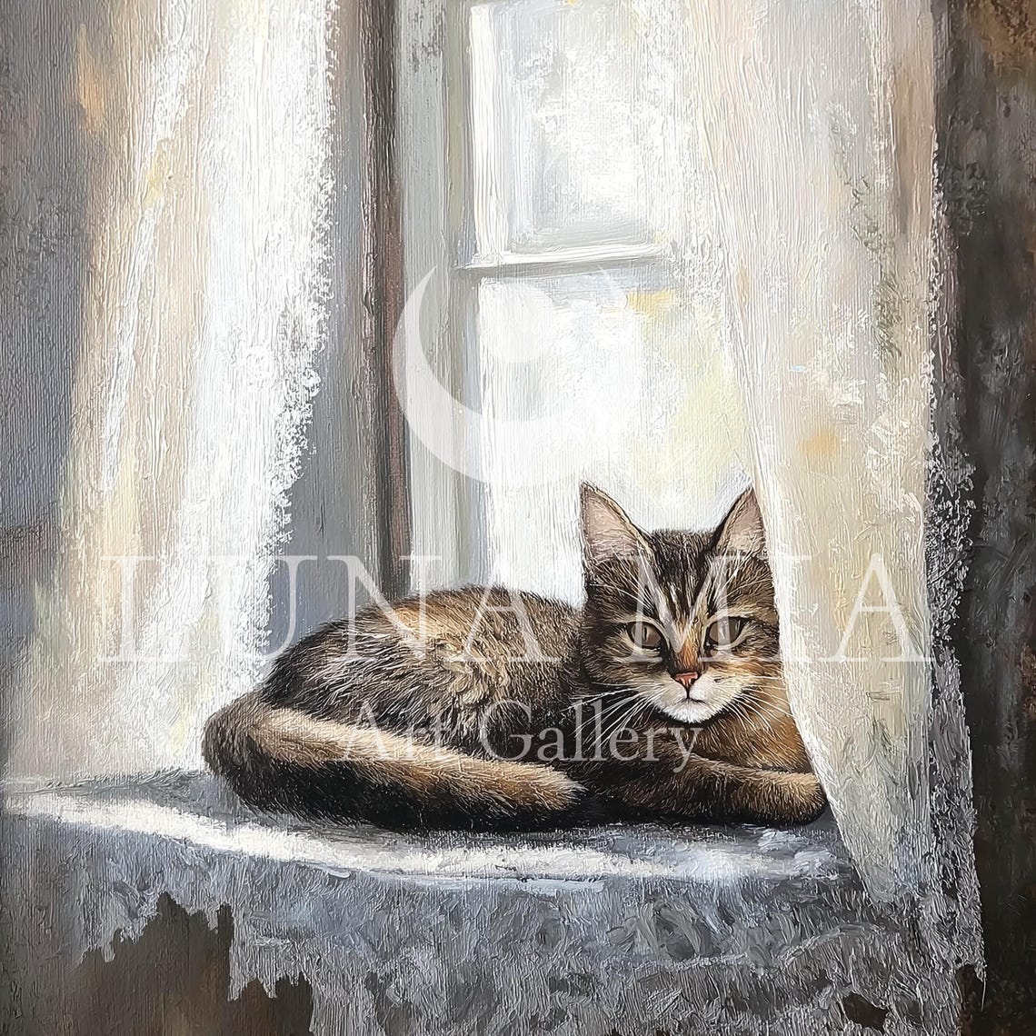 Tabby Cat Lounging On Sunny Windowsill Lace Curtains Painting Poster - Image 5
