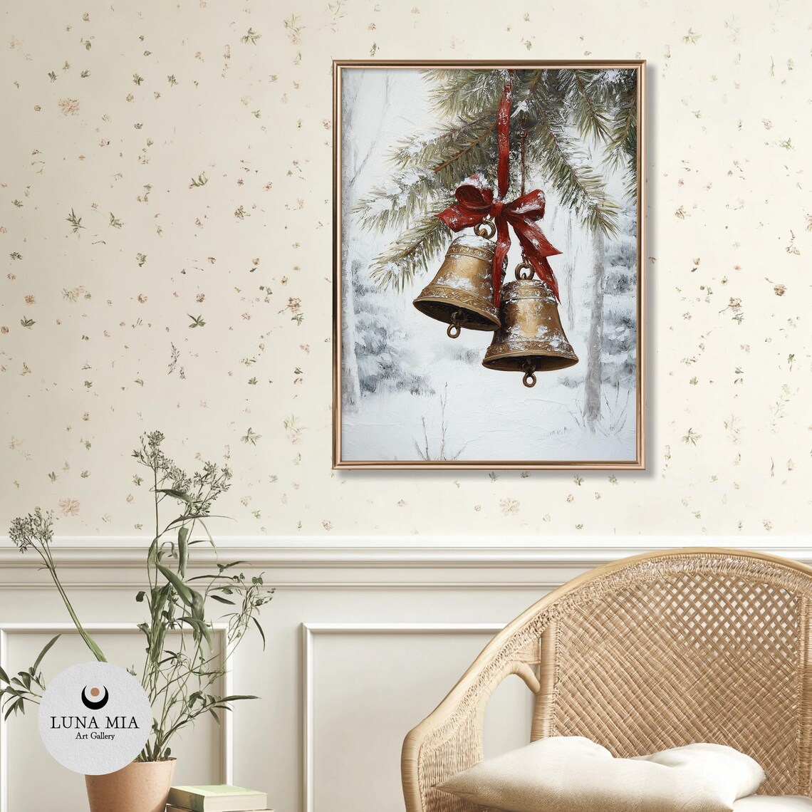 Golden Christmas Bells with Red Bow Vintage Winter Art Poster - Image 3