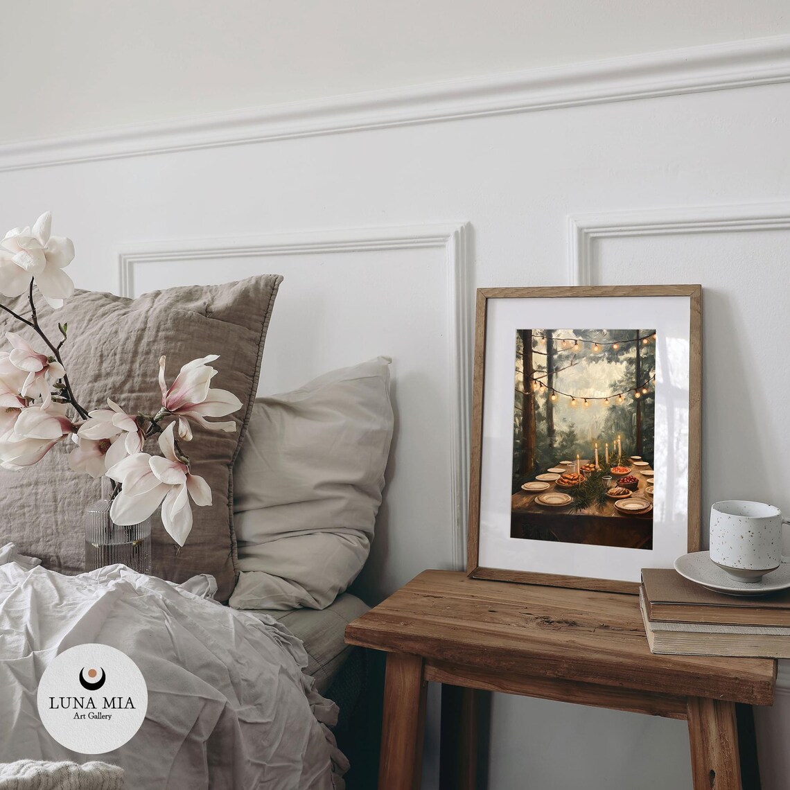 Enchanting Woodland Winter Feast Table Art Print Holiday Foods Fairy Lights Vintage Plates Rustic Oil Painting Instant - Image 2