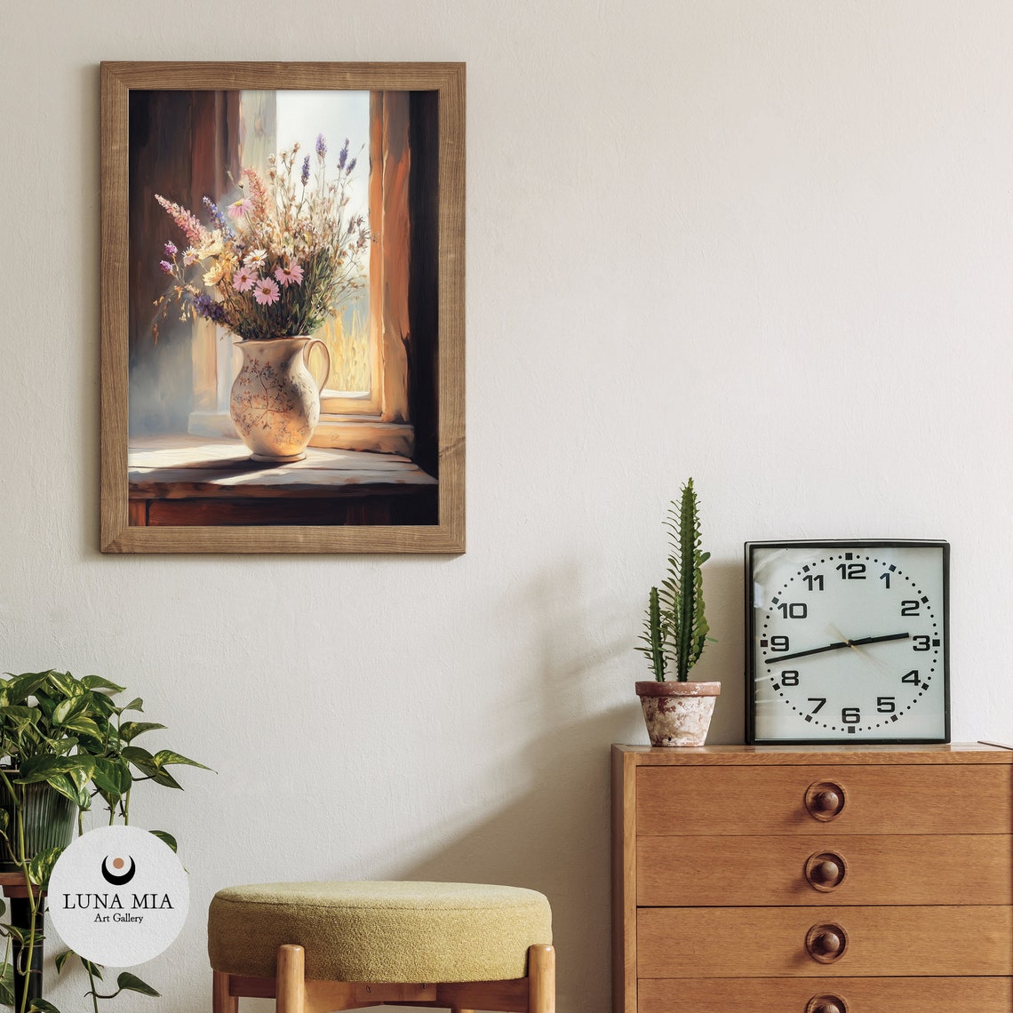 Delicate Wildflowers in Ceramic Pitcher on Sunlit Sill Poster - Image 3