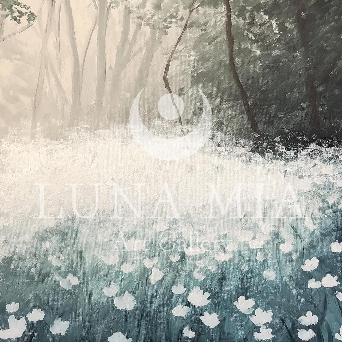 White Flower Field In A Misty Forest Clearing Serene Nature Poster - Image 5
