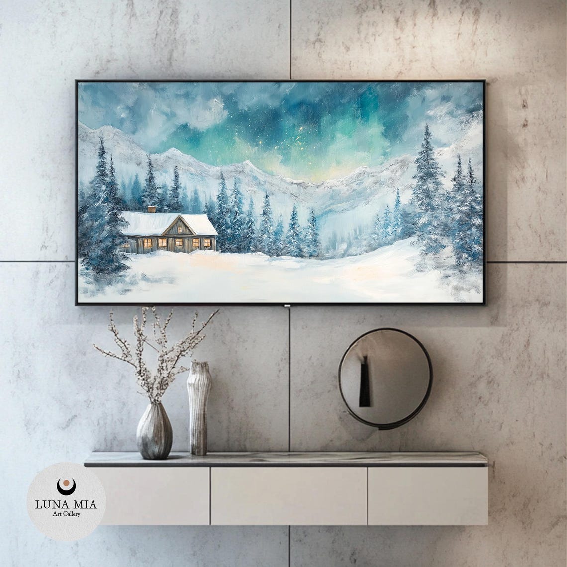 Log Cabin In A Snowy Mountain Valley Under A Starry Winter Sky Poster - Image 2