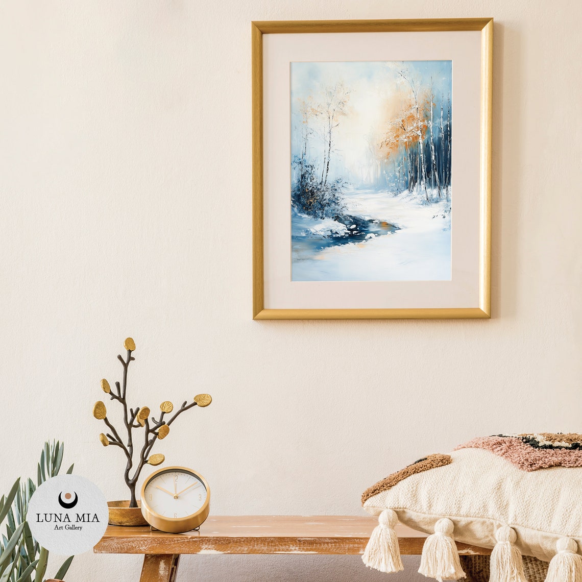 Serene Snowy Winter Forest Stream in Blue and White Art Poster - Image 3