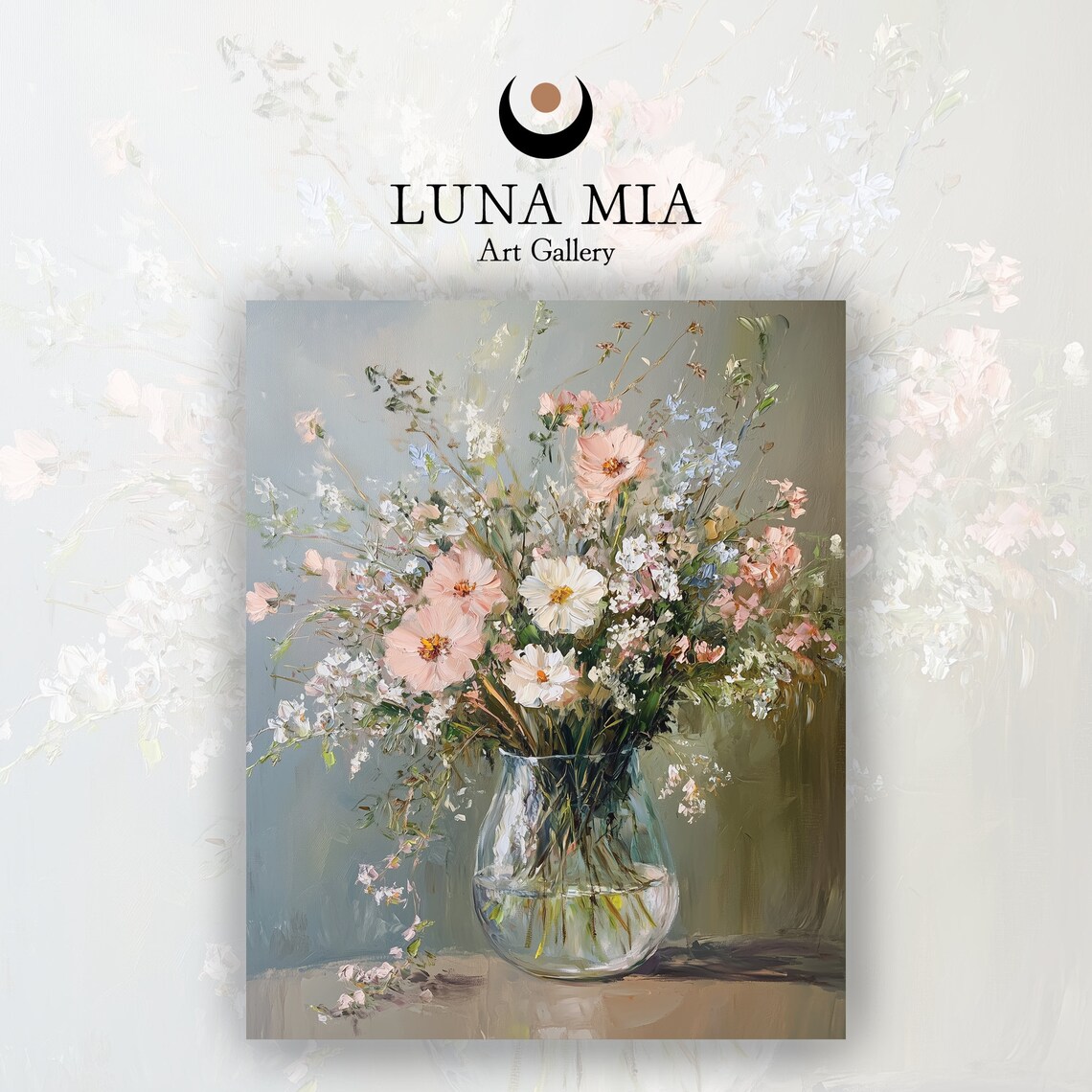 Wildflower Bouquet Glass Vase Pink Cosmos Oil Painting Art Poster - Image 2