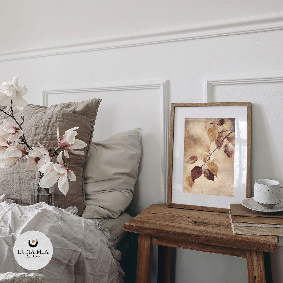 Autumn Branch With Gold And Burgundy Leaves On Warm Beige Poster - Image 2