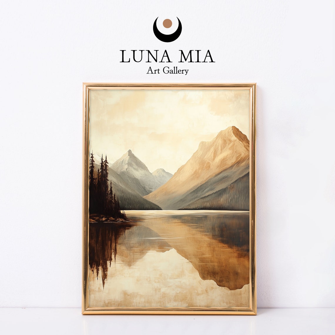 Stunning Sepia Mountain Lake Mirror Reflection Landscape Poster