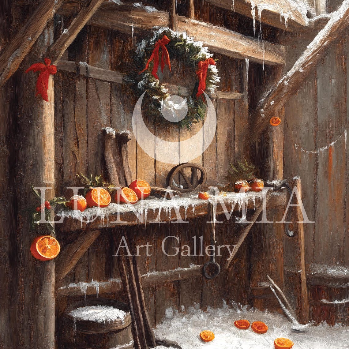 Rustic Christmas Barn Wreath With Dried Oranges Oil Painting Poster - Image 5