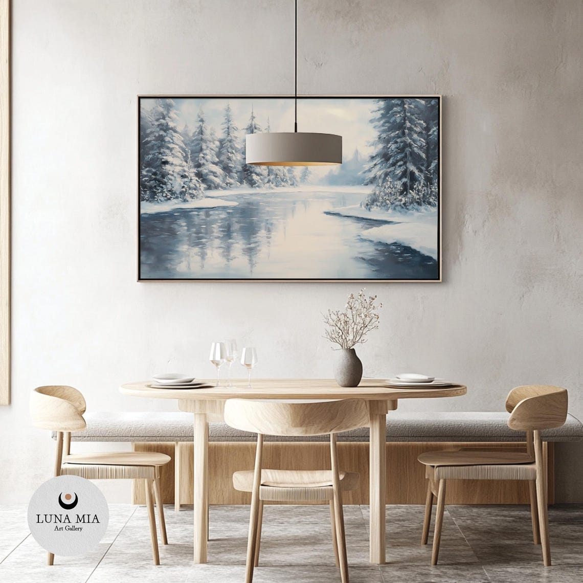 Snowy Pine Trees Around Frozen River Tranquil Winter Scene Poster - Image 3