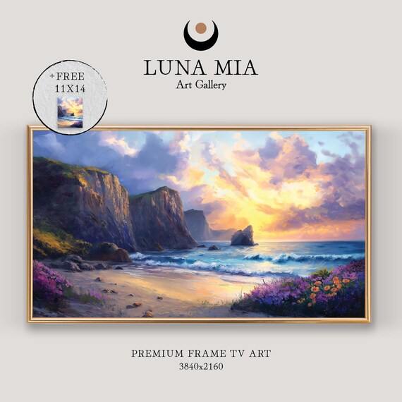 Sunset Beach Cliffs With Wildflowers Golden Waves Dramatic Coast Poster