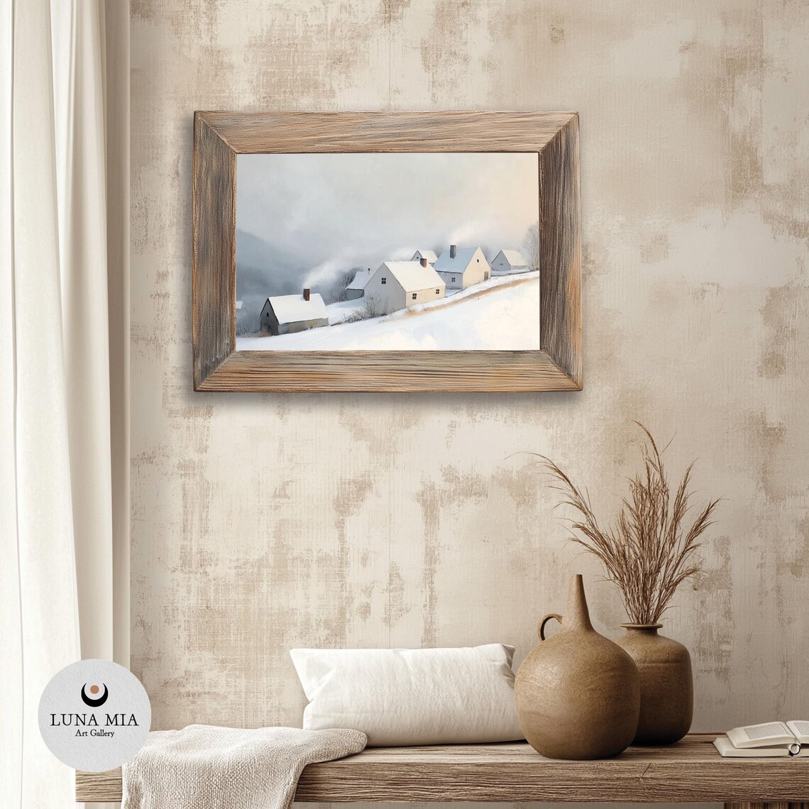 White Village Cottages in Deep Snow Minimalist Winter Art Poster - Image 3