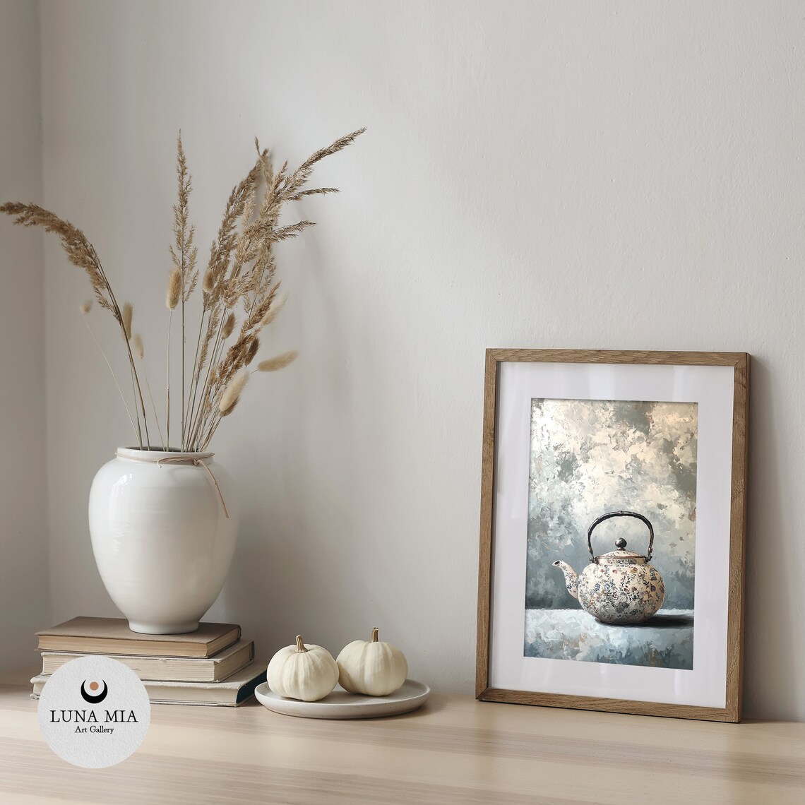 Vintage Floral Enamel Teapot Still Life Blue Gray Oil Poster - Image 5