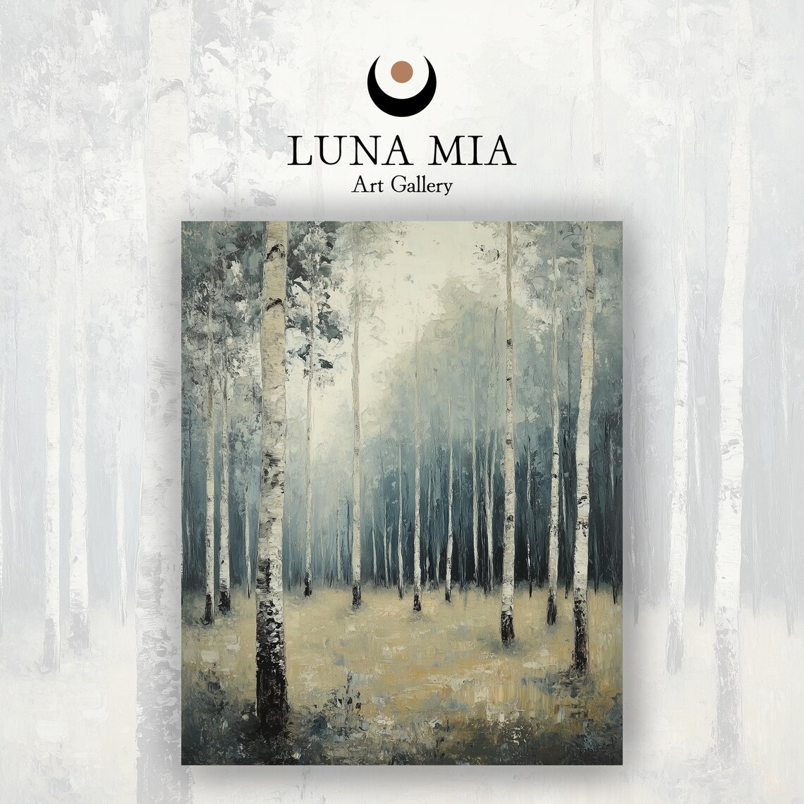 Misty Birch Forest Blue Gray Foggy Woodland Oil Painting Poster - Image 2