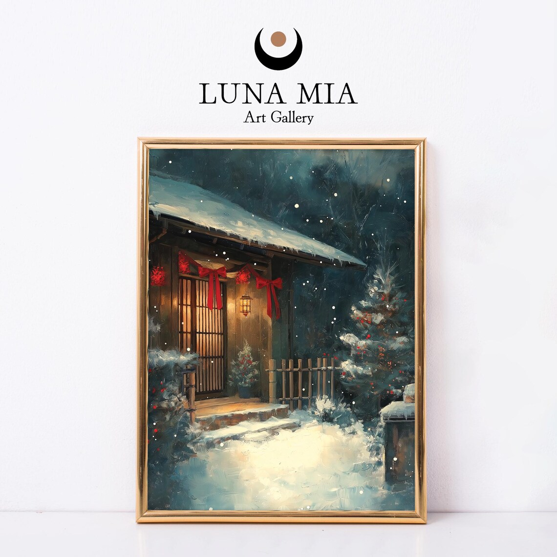 Snowy Japanese Tea House Christmas Night Oil Painting Poster