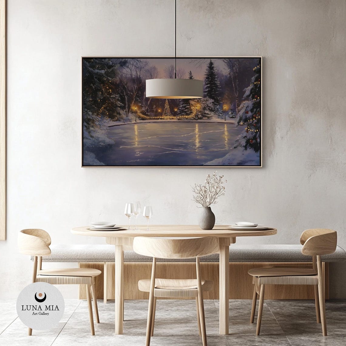Moonlit Winter Pond with Christmas Lights Snowy Night Art Poster - Image 3