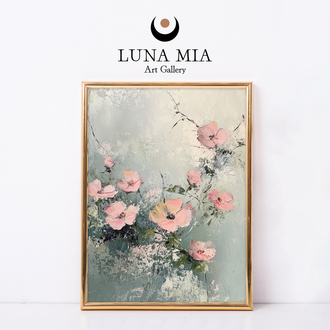 Pink Blossom Branches Sage Green Textured Oil Painting Art Poster