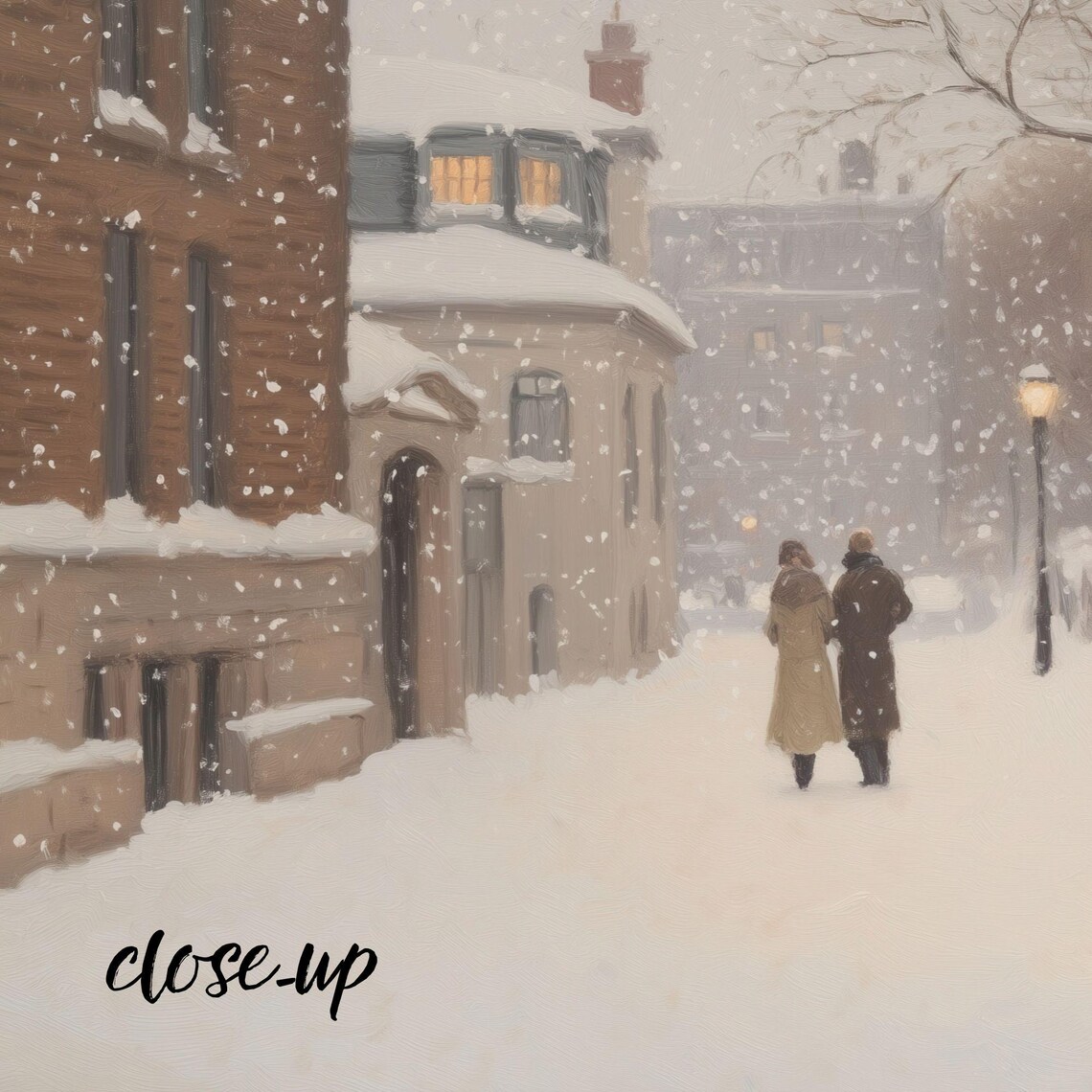 Couple Strolling Snowy Brick Street Lampposts Winter Scene Poster - Image 4