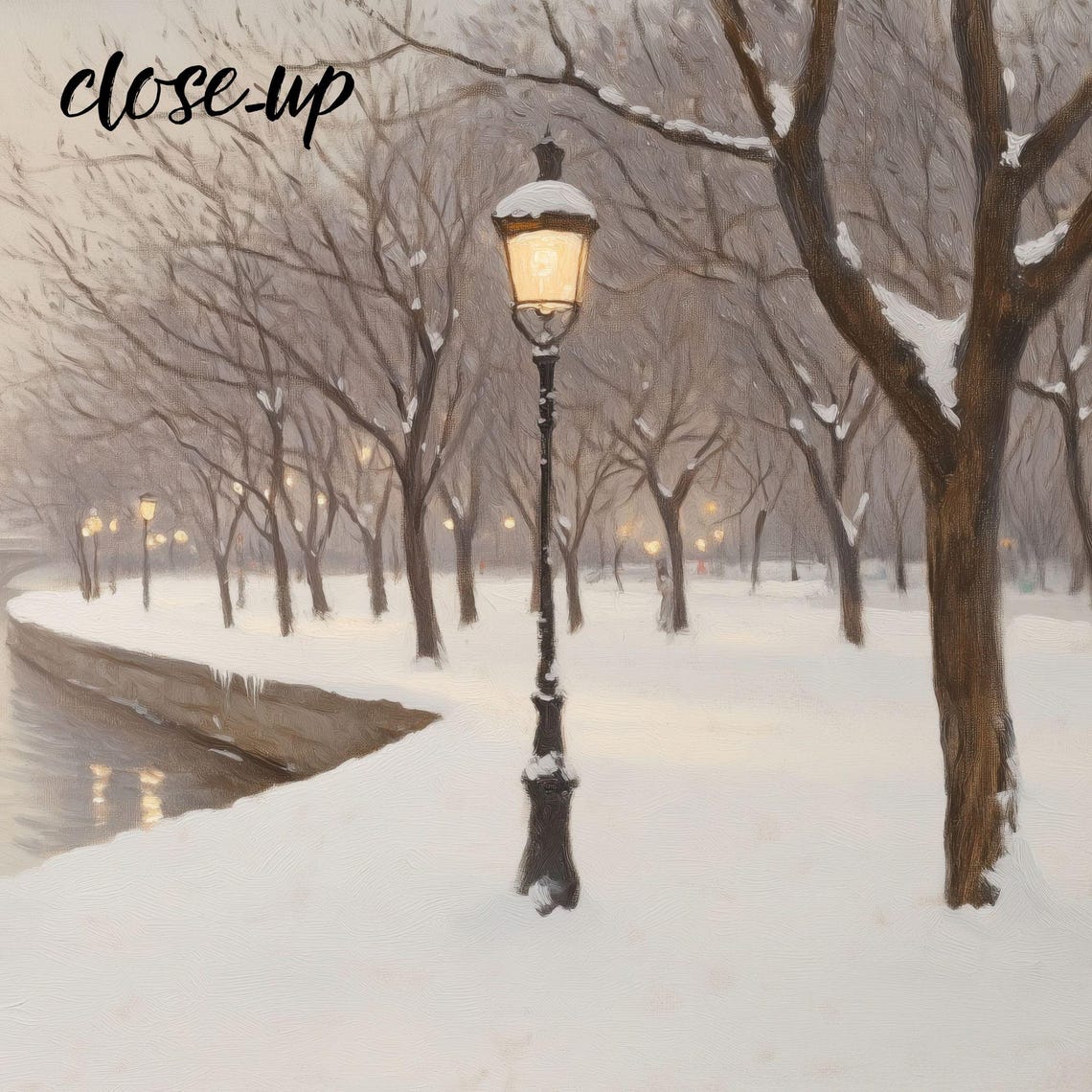 Snowy Riverside Pathway Lamppost River Lights Winter Evening Poster - Image 4