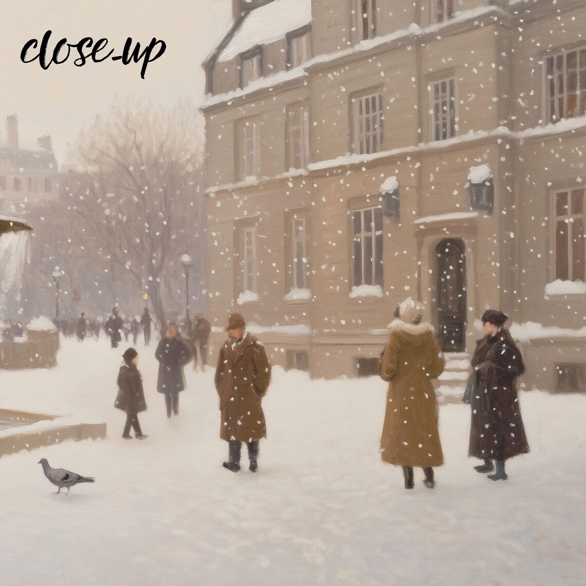 Snowy City Square Fountain Pigeons Winter Gathering Scene Poster - Image 4