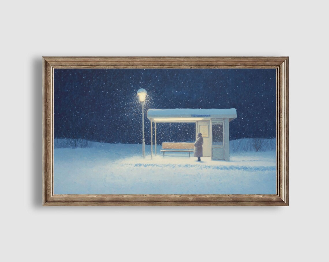 Solitary Figure Waiting at a Snowy Night Bus Stop in Warm Lamplight Poster - Image 2