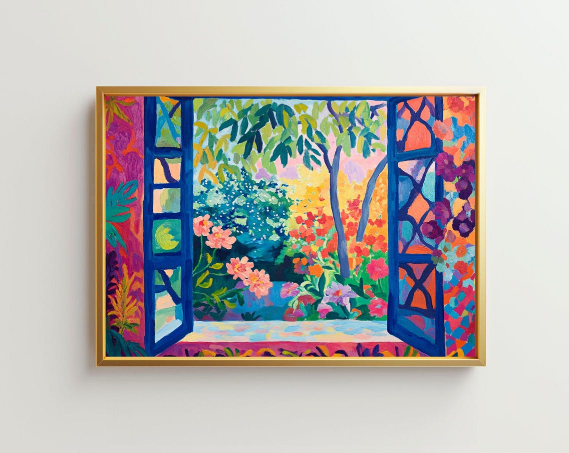 Colorful Open Blue Window Overlooking Flower Garden Fauvist Poster