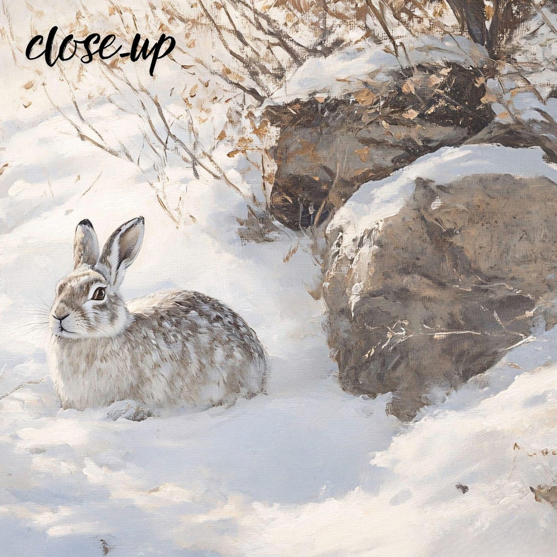 Snow Hare in Rocky Snow Hillside Rustic Winter Wildlife Art Poster - Image 3