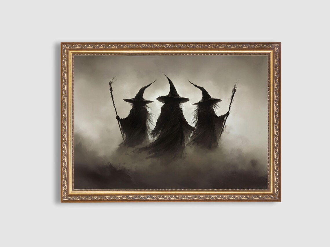 Three Witches Silhouette Standing in Foggy Night Spooky Halloween Poster - Image 3
