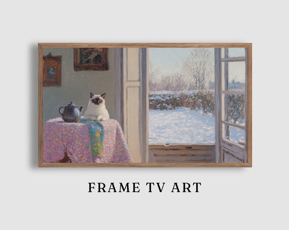 Siamese Cat with Teapot by Open French Doors Overlooking a Snowy Garden Poster