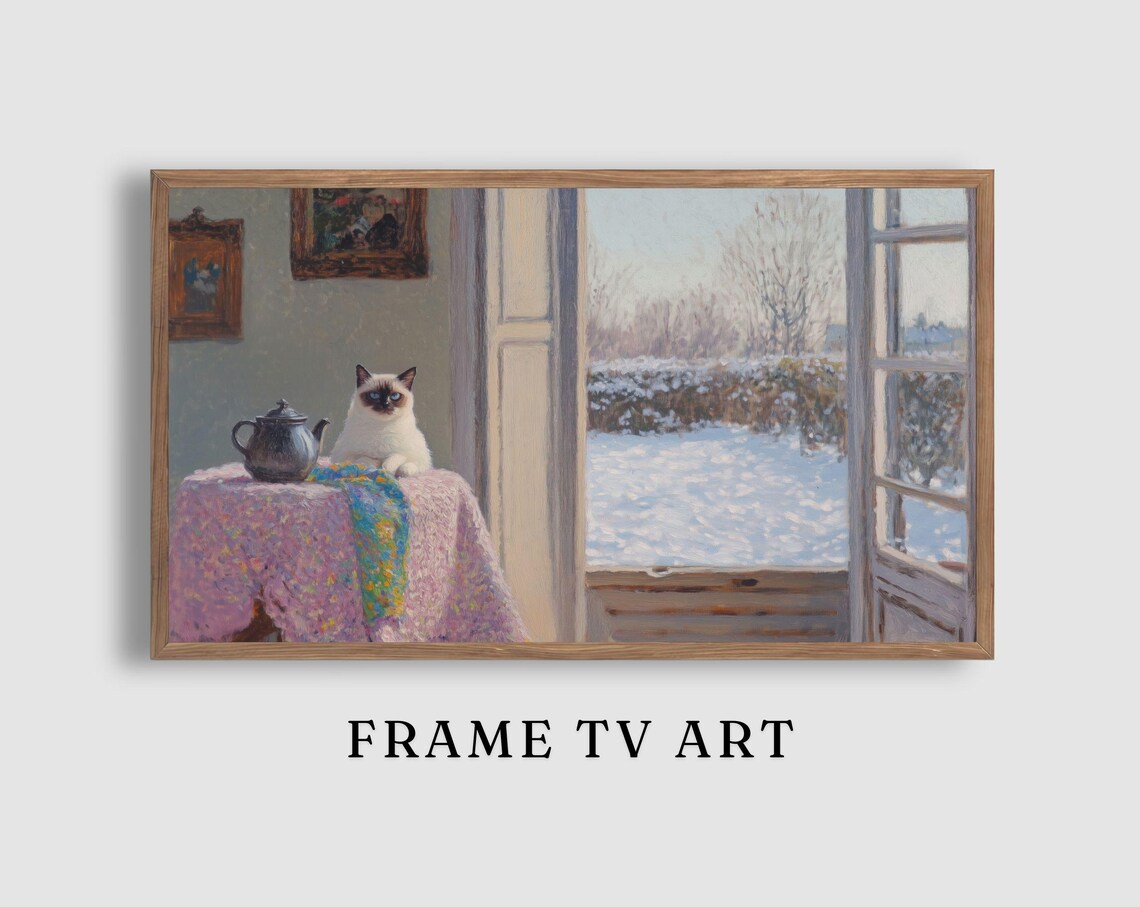 Siamese Cat with Teapot by Open French Doors Overlooking a Snowy Garden Poster